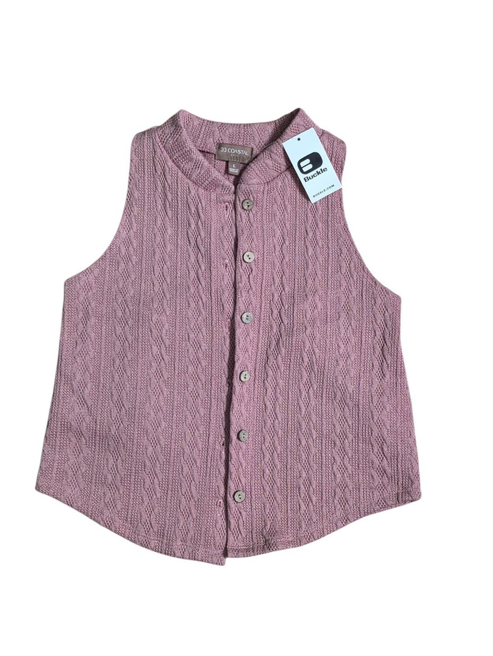 33 Coastal Mauve Cable Knit Button Front Sleeveless Racerback Top Size Large
